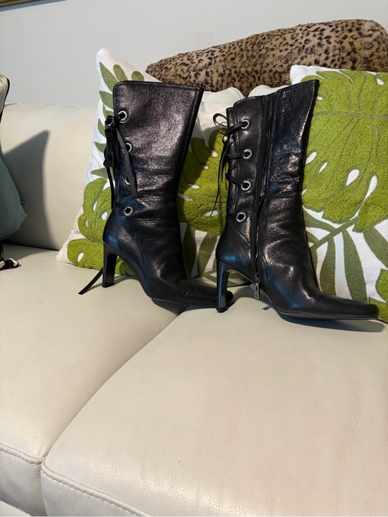 Stuart Weitzman Shoes - Women's Black Leather Lace-Up Mid-Calf Heeled Boots Stuart Weitzman